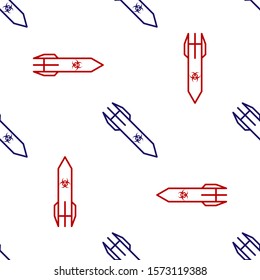 Blue and red Biohazard rocket icon isolated seamless pattern on white background. Rocket bomb flies down.  Vector Illustration