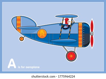 Blue and red biplane vector children illustration