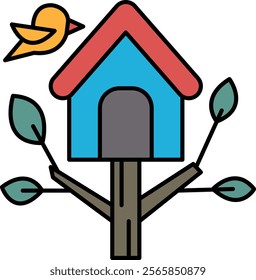 A blue and red birdhouse is perched on a tree branch. A bird is flying above the house