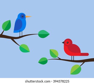 Blue and red birds on a branches flat vector illustration