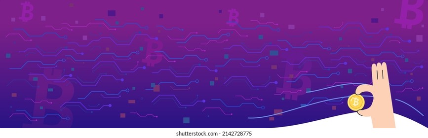 Blue and red bitcoin sign under circuit technology concept on violet and blue background with cute cartoon hand holding a bitcoin coin on bottom right side. horizontal particle and line digital, elect