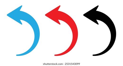 Ícone de seta azul, vermelho e preto no plano de fundo branco. Estilo plano. ícone de seta para o design do seu site, logotipo, aplicativo, UI. A seta indicava o símbolo de direção. Sinal de seta curva.