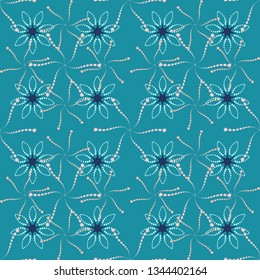 Blue, red and black colors vector seamless pattern with many flowers.