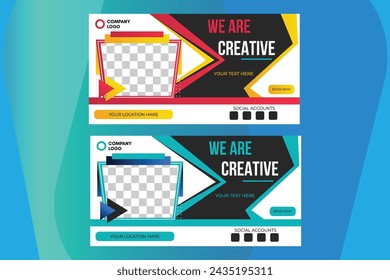 Blue, Red and black cover photo design With modern shaped photo and abstract background. Creative concept folded flyer or Banner.