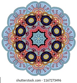 Blue, red and black floral pattern. Zentagle. Colored symmetrical mandala.