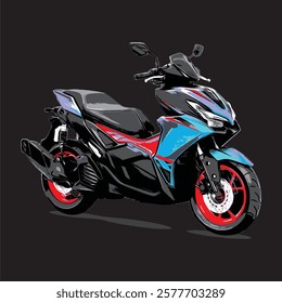 blue, red and black scooter matic equipped with red alloy wheels with black background vector. this image suitable for automotive, community and lifestyle content. 