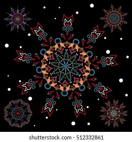 Blue and red and black simple Christmas set - five varied Xmas snowflakes with dots. Happy New Year winter background. Vector design for textile, wallpaper, fabric, wrapping paper.