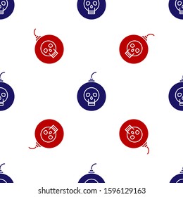 Blue and red Bomb ready to explode icon isolated seamless pattern on white background. Happy Halloween party.  Vector Illustration