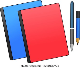 blue and red book illustration with pencil and ballpoint pen
