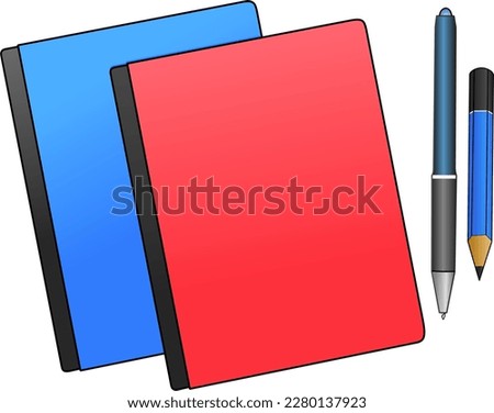 blue and red book illustration with pencil and ballpoint pen