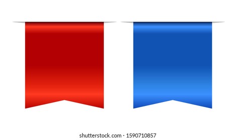 Blue and red bookmark. Banner 3D set. Vertical book mark, isolated on white background. Color tag, label. Flag sign. Design element blank. Empty sticker for sale. Template banner Vector illustration