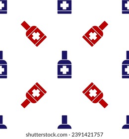 Frasco azul y rojo de jabón antibacteriano líquido con icono del dispensador aislado patrón ininterrumpido sobre fondo blanco. Antiséptico. Desinfección, higiene, cuidado de la piel.  Vector