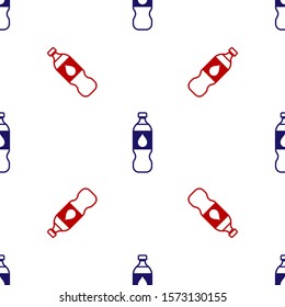 Blue and red Bottle of water icon isolated seamless pattern on white background. Soda aqua drink sign.  Vector Illustration