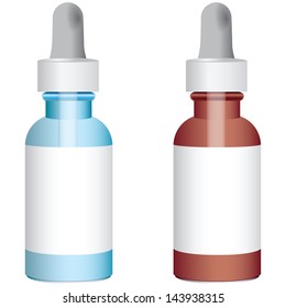 The blue and red bottles with droppers. Vector illustration.