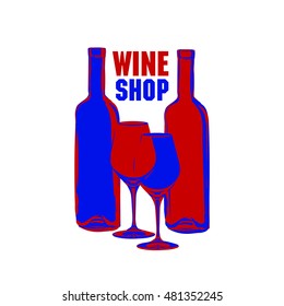 The blue and red bottles and glasses of wine on a white background. Illustration in vintage style. It can be used as an advertisement for a wine store.