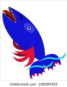 A blue and red bright fish in sea waves. This illustration can be used as a logotype for sea and ocean companies and creative organizations. Vector, isolated.