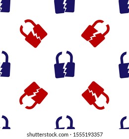 Blue and red Broken or cracked lock icon isolated seamless pattern on white background. Unlock sign.  Vector Illustration