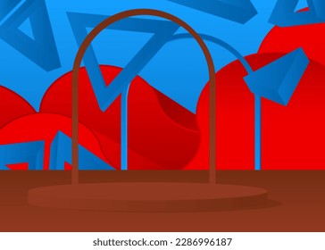Blue, Red and Brown cylinder pedestal podium. Realistic vector product display. Minimal geometric forms, empty scene mockup stage showcase for presentation.