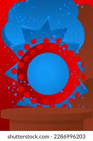 Blue, Red and Brown cylinder pedestal podium. Realistic vector product display. Minimal geometric forms, empty scene mockup stage showcase for presentation.