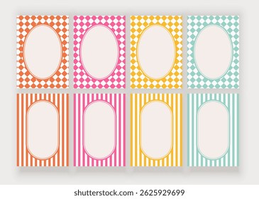 Blue, red, brown and green retro cards with in a checkered design and geometric frames, flat graphic style
