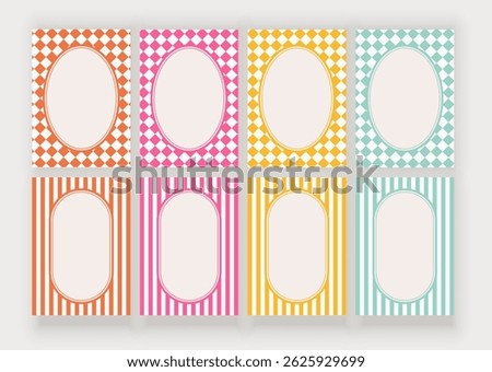 Blue, red, brown and green retro cards with in a checkered design and geometric frames, flat graphic style
