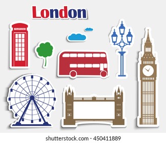 Blue, red, brown and white stickers with London landmarks Big Ben, Bus, Tower Bridge, a telephone and a flashlight. Vector illustration. Set