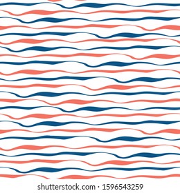 Blue and red brushstroke style wavy lines in horizontal design. Seamless geometric vector pattern on white background. Great for nautical or marine themed products, health, wellness, sport.