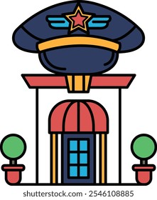 A blue and red building with a red roof and a blue hat on top. The hat has a star on it