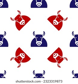 Blue and red Bull icon isolated seamless pattern on white background. Spanish fighting bull.  Vector