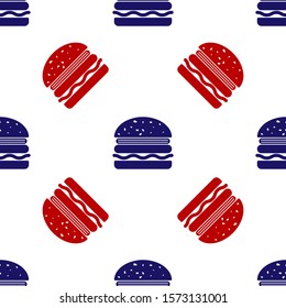 Blue and red Burger icon isolated seamless pattern on white background. Hamburger icon. Cheeseburger sandwich sign.  Vector Illustration