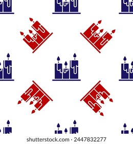 Blue and red Burning candles icon isolated seamless pattern on white background. Cylindrical candle stick with burning flame.  Vector Illustration