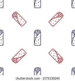 Blue and red Burrito icon isolated seamless pattern on white background. Traditional mexican fast food.  Vector Illustration