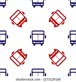 Blue and red Bus icon isolated seamless pattern on white background. Transportation concept. Bus tour transport sign. Tourism or public vehicle symbol.  Vector Illustration
