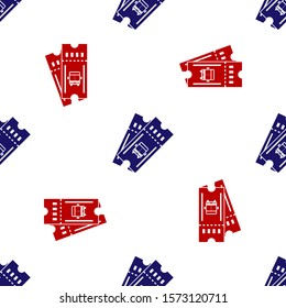 Blue and red Bus ticket icon isolated seamless pattern on white background. Public transport ticket.  Vector Illustration