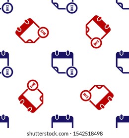 Blue and red Calendar and clock icon isolated seamless pattern on white background. Schedule, appointment, organizer, timesheet, time management, important date.  Vector Illustration