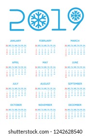 Blue and red calendar grid 2019. Week starts on Sunday. Vector illustration