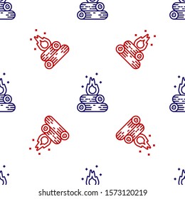 Blue and red Campfire icon isolated seamless pattern on white background. Burning bonfire with wood.  Vector Illustration