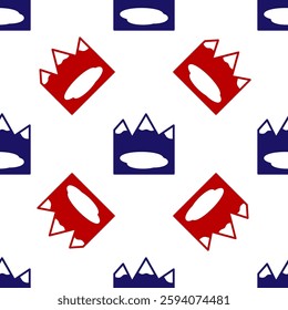 Blue and red Canadian landscape with mountains and lake icon isolated seamless pattern on white background.  Vector