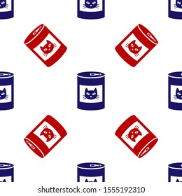 Blue and red Canned food for cat icon isolated seamless pattern on white background. Food for animals. Pet dog food can.  Vector Illustration