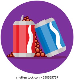 blue and red cans, red can open with fizzy bubbles, vector flat icon