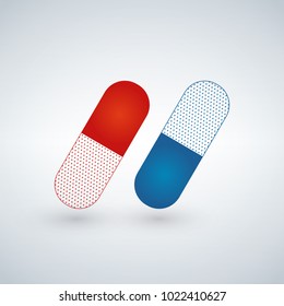 Blue and red capsule, Painkillers, antibiotics, vitamins, amino acids, minerals, bio active additive, sports nutrition. Icons of medicament. Medical illustration on white background.