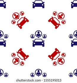 Blue and red Car sharing with group of people icon isolated seamless pattern on white background. Carsharing sign. Transport renting service concept.  Vector Illustration
