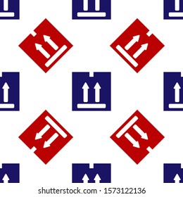 Blue and red Cardboard box with traffic symbol icon isolated seamless pattern on white background. Box, package, parcel sign. Delivery, transportation and shipping.  Vector Illustration