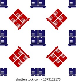 Blue and red Cardboard boxes on pallet icon isolated seamless pattern on white background. Closed carton delivery packaging box with fragile signs.  Vector Illustration