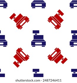 Blue and red Cash register machine with a check icon isolated seamless pattern on white background. Cashier sign. Cashbox symbol.  Vector Illustration