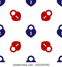 Blue and red Castle in the shape of a heart icon isolated seamless pattern on white background. Locked Heart. Love symbol and keyhole sign.  Vector Illustration