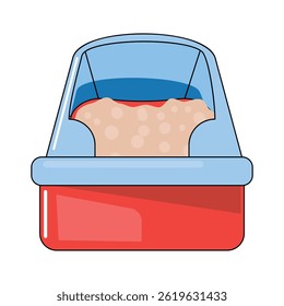 Blue and red cat litter box with sand, covered design, modern pet hygiene accessory, isolated vector