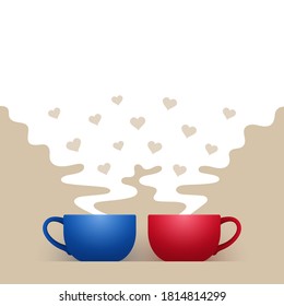 Blue and red ceramic cups of hot drink are standing side by side, white steam with hearts is above them, with space for your text and design. Concept of tea time of couple in love, family pastime