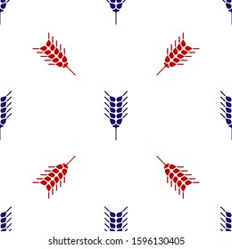 Blue and red Cereals set with rice, wheat, corn, oats, rye, barley icon isolated seamless pattern on white background. Ears of wheat bread symbols.  Vector Illustration