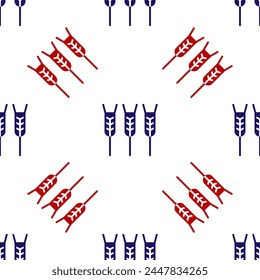 Blue and red Cereals set with rice, wheat, corn, oats, rye, barley icon isolated seamless pattern on white background. Ears of wheat bread symbols.  Vector